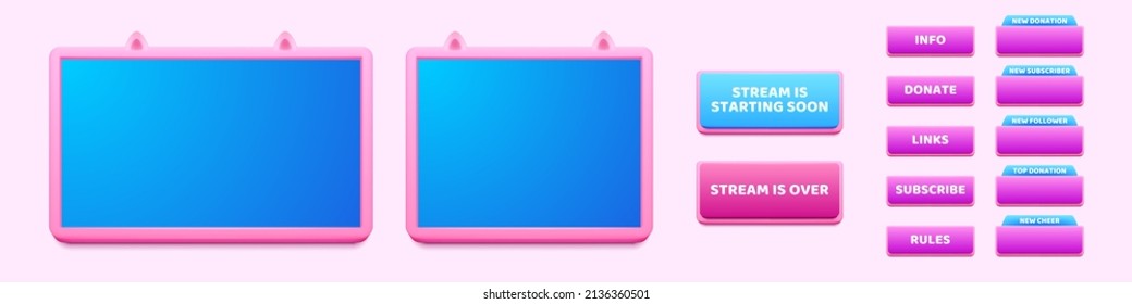 Fondo de streaming en vivo, ventanas y botones del reproductor multimedia en línea. Los colores rosa y azul de la interfaz de usuario. Canal de medios sociales, transmisión de video blogging en vivo, ilustración vectorial de caricatura