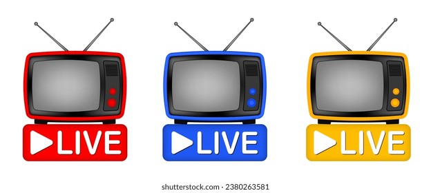 Live streaming banner. Blog, television, show, live performance, news, broadcast. Blue, red and retro TV with antenna. Vintage television set