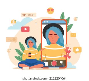 Transmisión en vivo, blogueo, vlogueo, compartir el concepto de contenido de video en línea. Video blogger grabando video con ilustración vector de smartphone. Video podcast, difusión vlog. Proceso de trabajo conjunto de empresas