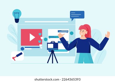 Live streaming blue concept with people scene in the flat cartoon style. Famous blogger conducts a live broadcast for her subscribers. Vector illustration.