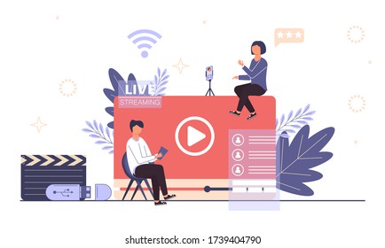 Live streaming, broadcast concept. Video streaming on smartphone. Business co working process. Watch online videos Vector. Video blogging. Video conferencing and online communication. Broadcast vlog.
