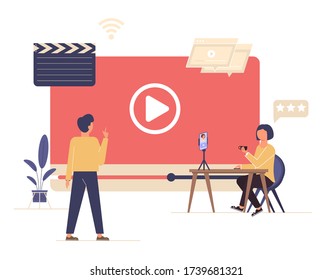 Live streaming, broadcast concept. Video streaming podcast on smartphone. Business co working process. Online videos Vector. Video blogging. Video conferencing and online communication. Broadcast vlog