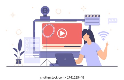 Live streaming, broadcast concept. Video streaming podcast. Business co working process. Online videos Vector. Video blogging. Video conferencing and online communication. Broadcast vlog