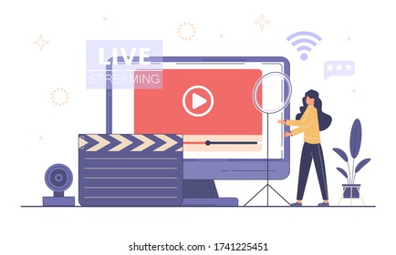 Live Streaming, Broadcast Concept. Video Streaming Podcast. Business Co Working Process. Online Videos Vector. Video Blogging. Video Conferencing And Online Communication. Broadcast Vlog