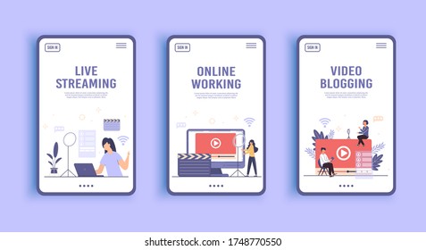 Live streaming, broadcast concept. Video streaming podcast. Business co working process. Online videos Vector. Video blogging. Video conferencing and online communication. Broadcast vlog landing page