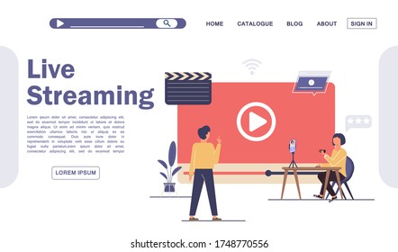 Live streaming, broadcast concept. Video streaming podcast. Business co working process. Online videos Vector. Video blogging. Video conferencing and online communication. Broadcast vlog landing page