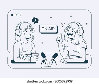 Live streaming, broadcast flat line vector illustration. Female characters talking in studio