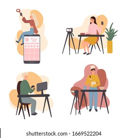 Live streaming, broadcast flat vector illustration. Male and female social media network bloggers collaboration. Bloggers cartoon characters. Interview, podcast, video recording in studio.