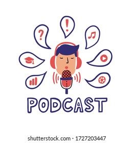Live streaming, broadcast flat vector illustration. Male social media network blogger. Vloggers cartoon character. Podcast, video recording in studio.