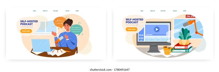 Live streaming, broadcast. Podcast concept illustration. Vector web site design template. Woman blogger, online stream record in studio.