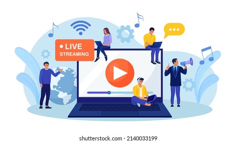 Live streaming, broadcast vlog. Video streaming podcast. Tiny people watch live stream in social networks and sharing online video. Business working process. Vector illustration