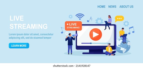 Live streaming, broadcast vlog. Video streaming podcast. Tiny people watch live stream in social networks and sharing online video. Business working process. Vector illustration