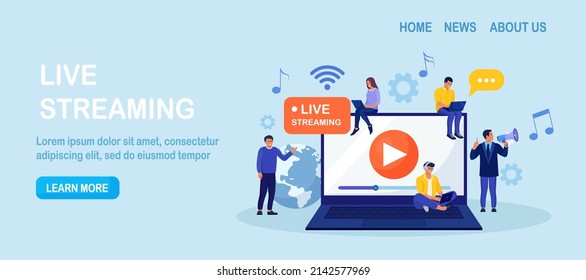 Live streaming, broadcast vlog. Video streaming podcast. Tiny people watch live stream in social networks and sharing online video. Business working process. Vector illustration