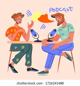 Live streaming and broadcasting of the scene with social media bloggers leading a podcast or interview. Cartoon characters vloggers. Audio and video recording in the studio. Vector illustration.