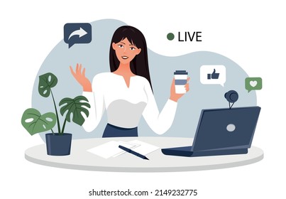 Live streaming concept. Girl with mug of coffee or tea sits in front of laptop. Modern technologies and digital world. Blogger and popular personality, social media. Cartoon flat vector illustration