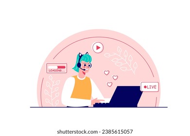 Live streaming concept with people scene in the flat cartoon design. The blogger plays games and chats with her followers in live stream. Vector illustration.