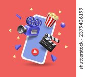 Live streaming. Creating video content with smartphone, movie camera, popcorn box, clapper board. Entertainment media. 3d vector illustration