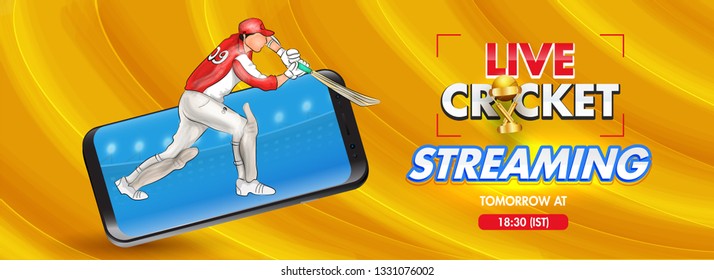 Cabecera o diseño de banner de Cricket de streaming en vivo con ilustración de bateador jugando acción amarillo ondulado fondo abstracto.