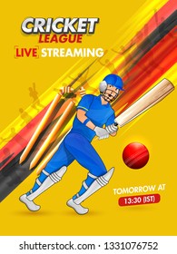 Live Streaming Cricket League template or poster design with illustration of batsman in playing pose on yellow abstract background.