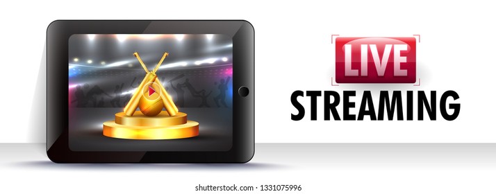 Live streaming cricket video play screen in smartphone illustration for Cricket Championship header or banner design.