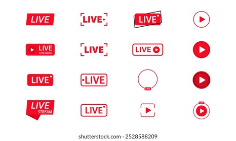 
Transmissão ao vivo de diferentes conjuntos de ícones no fundo branco. Botões para transmissão, transmissão em direto ou online. Modelo para tv, canal, notícias de última hora ao vivo, mídia social, online.	