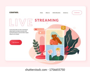 Live streaming, education broadcast website template. Interview with a student or teacher. Man and woman vlogger characters are in a mobile phone.