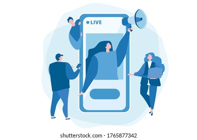 Live streaming event Vector illustration for web banner, infographics, mobile. Woman in smartphone.