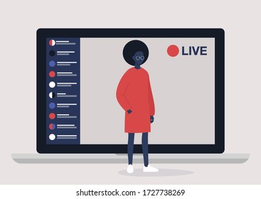 Live streaming event, young black female character performing in front of the laptop camera, remote activities