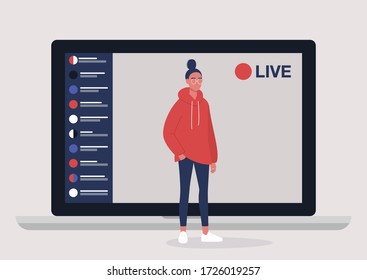 Live streaming event, young female character performing in front of the laptop camera, remote activities