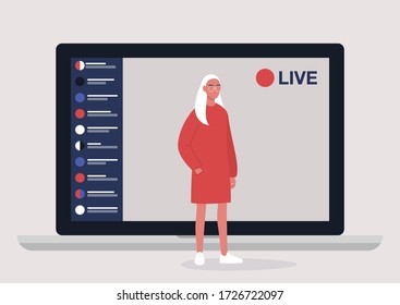 Live Streaming Event, Young Female Character Performing In Front Of The Laptop Camera, Remote Activities