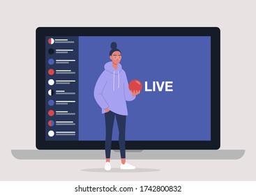 Evento de transmisión en vivo, joven personaje femenino con una esfera roja y actuando frente a la cámara del portátil, actividades remotas