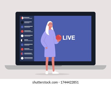 Live streaming event, young female character holding a red sphere and performing in front of the laptop camera, remote activities