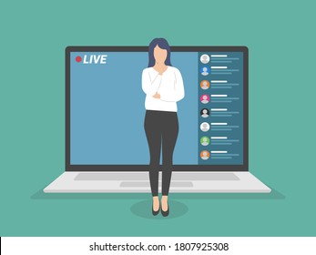 Live streaming event, young female character performing in front of the laptop camera, remote activities