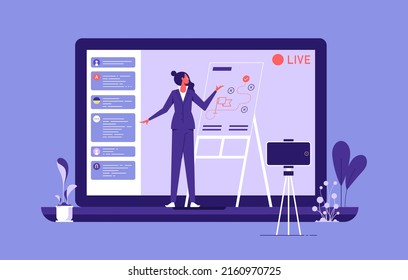 Live streaming event, young female performing in front of the laptop, remote activities, stay at home, business presentation, Video streaming, Video conferencing and online communication.