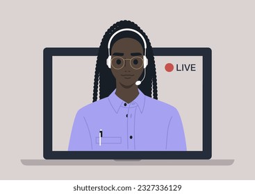 Live streaming event, Young female African blogger holding a live streaming online event, a website interface