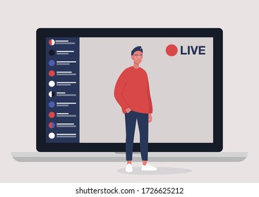 Live streaming event, young male character performing in front of the laptop camera, remote activities