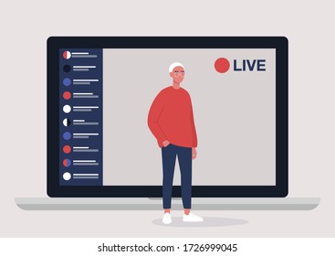 Live streaming event, young male character performing in front of the laptop camera, remote activities