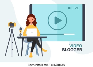 Live streaming. Female blogger create video content. Digital internet television, web videos player or social media live stream. Vector cartoon illustration.