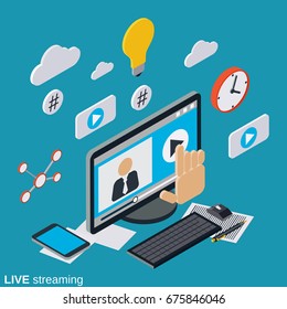 Live streaming flat 3d isometric vector concept illustration