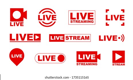 Live streaming flat icon set. Stream screen banners live event stickers isolated vector illustration collection. Broadcasting and video news concept