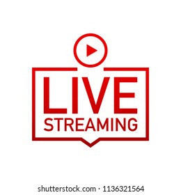 Live streaming flat logo - red vector design element with play button. Vector stock illustration