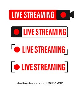 Live streaming flat logo - red vector design element with play button. Vector illustration