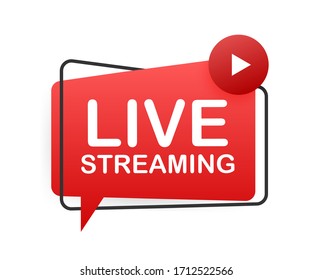 Live streaming flat logo, red vector design element with play button. Live streaming red label. Vector illustration.