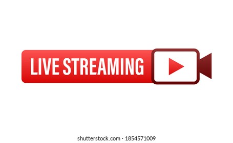 Live streaming flat logo - red vector design element with play button. Vector illustration