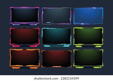 Live streaming and gaming frame bundle design with neon effect. Broadcast screen overlay set vector with green, yellow, and purple colors. Futuristic online gaming overlay vector collection.