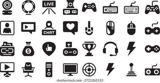 Configuração do ícone de streaming e jogos ao vivo. Contendo webcams, luzes de toque, controladores de jogos, teclados, mouses, bolhas de bate-papo, bolsas de doação e emblemas ao vivo.
