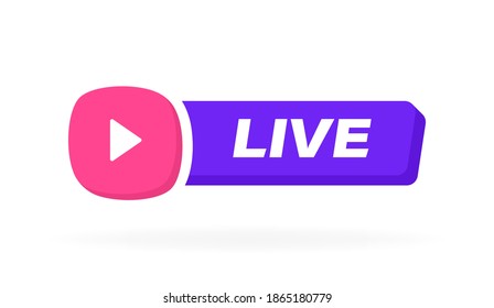 Live streaming geometric label with play button emblem. Logo design. Modern Vector illustration.