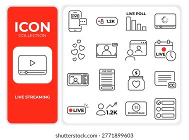Live streaming icon collection set vector. Broadcast chat poll viewer donate schedule symbol. Line outline UI element design kit. Digital media social content creator concept