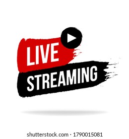 Live streaming icon, emblem, logo in brush stroke style. Vector flat illustration. Red and black element design with play button for news and television or online broadcast isolated on white.