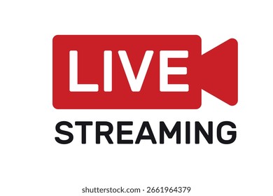 Ícone de streaming ao vivo com símbolo de câmera de vídeo vermelha e texto em negrito para conteúdo de mídia online e de difusão